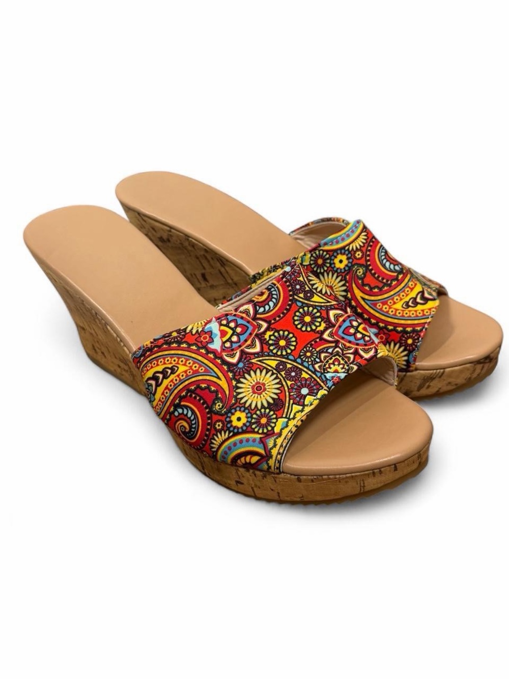 Paisley Print Cork Wedge Heels
